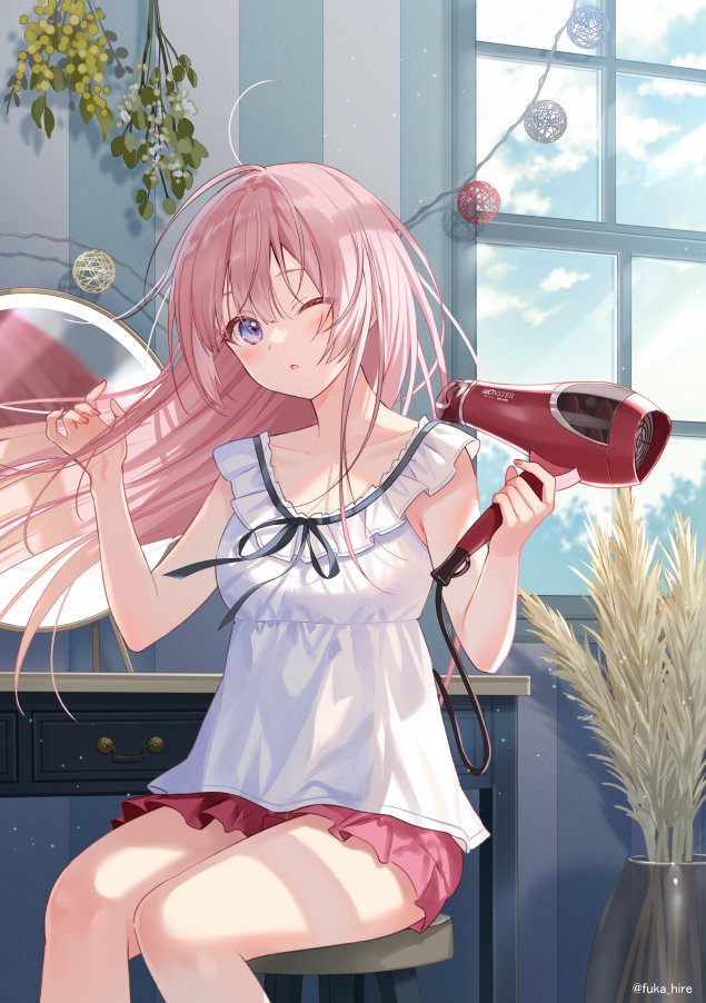 1girl :o bangs blush collarbone desk frilled_shirt_collar frills fukahire_(ruinon) hair_dryer hand_up holding holding_hair_dryer indoors long_hair looking_at_viewer mirror one_eye_closed open_mouth original pink_hair pink_skirt plant pleated_skirt shirt short_sleeves sitting skirt sky solo stool violet_eyes white_shirt window