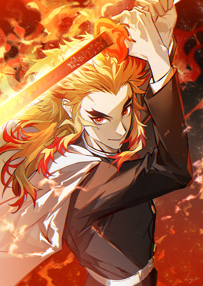 1boy belt black_jacket blonde_hair cape demon_slayer_uniform fire hands_up holding holding_sword holding_weapon jacket japanese_clothes katana kimetsu_no_yaiba long_hair long_sleeves male_focus multicolored_hair pants red_background red_eyes redhead rengoku_kyoujurou satsuya scar scar_on_face scar_on_forehead sidelocks signature smile smoke solo sword thick_eyebrows two-tone_hair veiny_hands weapon white_belt widow's_peak