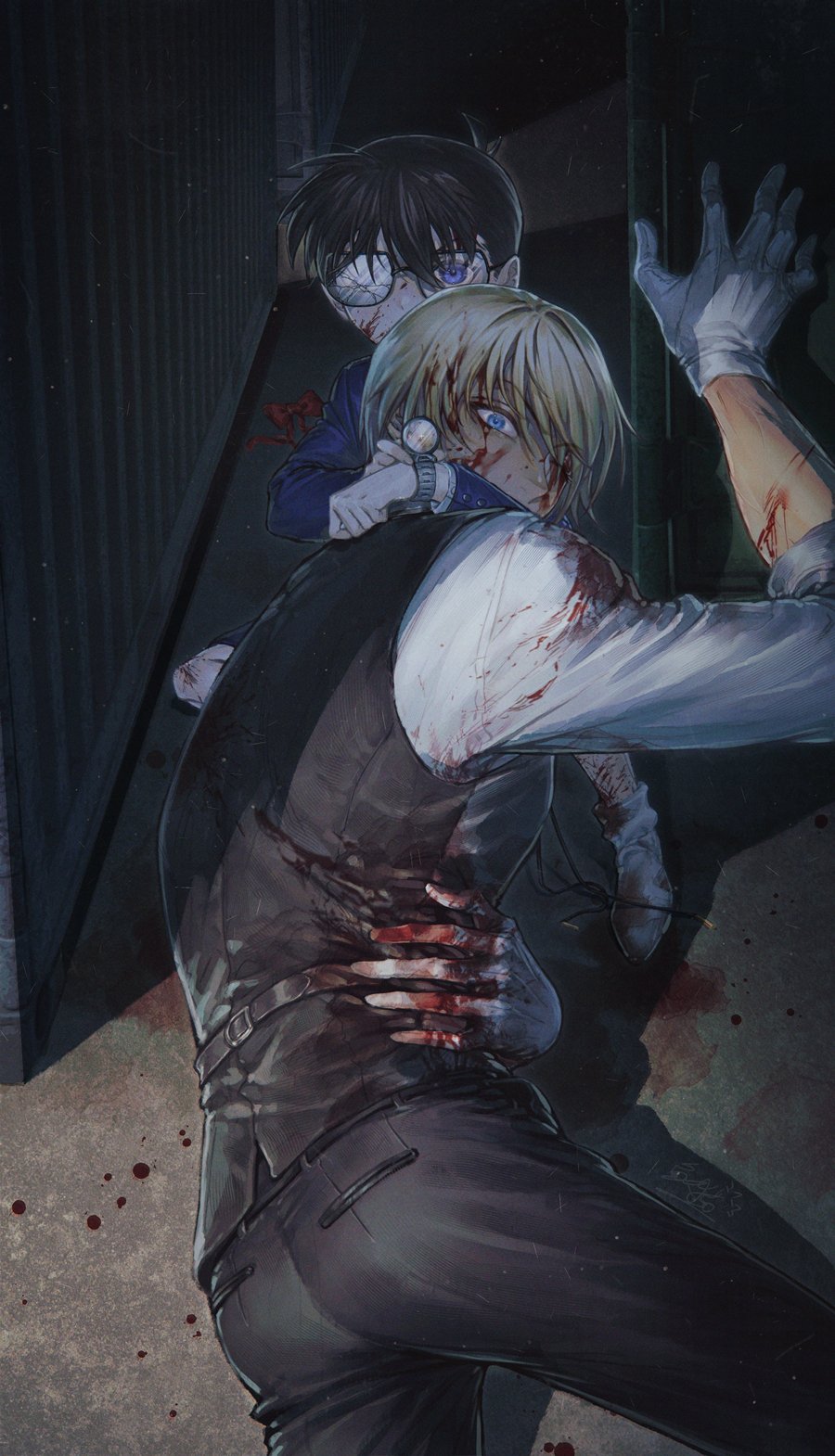 2boys amuro_tooru ass black_vest blood blood_on_face blood_on_hands blue_jacket bow bowtie bowtie_removed broken_glass cracked_glass dark-skinned_male dark_skin edogawa_conan glass glasses gloves hiding highres injury jacket jiao_mao meitantei_conan multiple_boys one_eye_closed shadow shipping_container shirt socks vest white_footwear white_gloves white_shirt