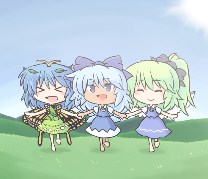 &gt;_&lt; 216 3girls antennae aqua_hair barefoot blue_bow blue_dress blue_eyes blue_hair blue_skirt blue_vest bow butterfly_wings cirno closed_eyes closed_mouth collared_shirt daiyousei dress eternity_larva eyebrows_visible_through_hair fairy fairy_wings full_body green_dress green_hair hair_between_eyes hair_bow ice ice_wings leaf leaf_on_head long_hair multicolored_clothes multicolored_dress multiple_girls open_mouth puffy_short_sleeves puffy_sleeves shirt short_hair short_sleeves skirt smile tanned_cirno touhou vest white_shirt wings