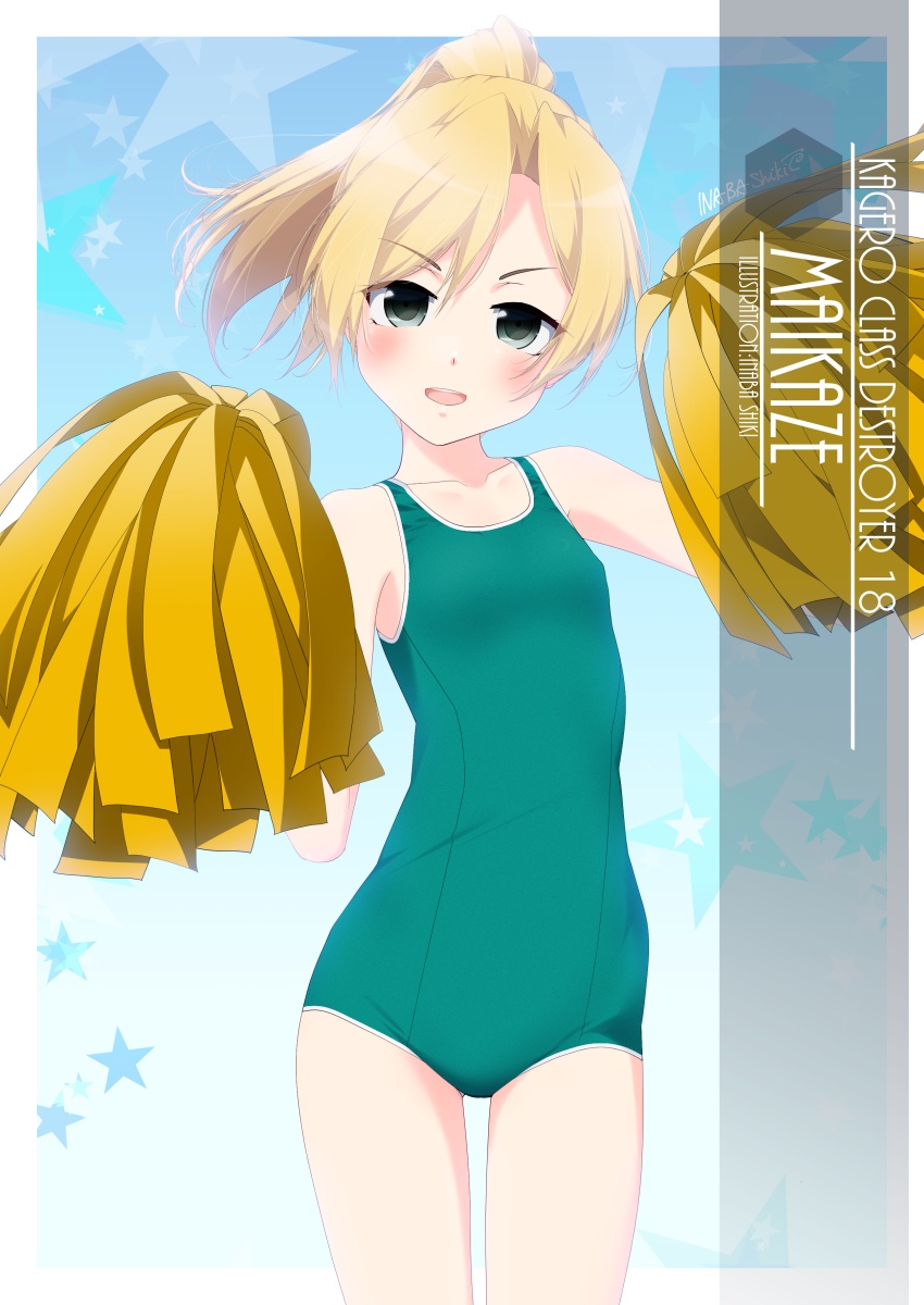 1girl artist_name bangs blonde_hair breasts character_name cheering cheerleader commentary_request cowboy_shot flat_chest green_swimsuit grey_eyes highres holding holding_pom_poms inaba_shiki kantai_collection long_hair looking_at_viewer maikaze_(kancolle) new_school_swimsuit one-hour_drawing_challenge one-piece_swimsuit parted_bangs pom_pom_(cheerleading) ponytail school_swimsuit small_breasts solo swimsuit