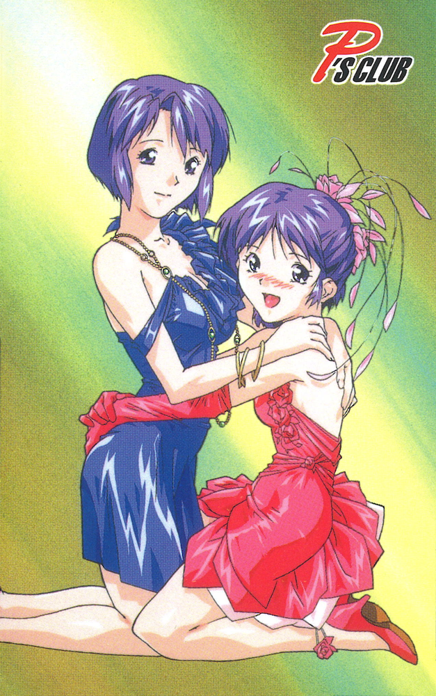 1990s_(style) 2girls anklet arms_around_waist bangs blue_dress blush bracelet dress elbow_gloves gloves hair_ornament hands_on_another's_shoulders high_heels jewelry kasumi_(super_real_mahjong) kneeling looking_at_viewer miki_(super_real_mahjong) multiple_girls non-web_source nose_blush official_art open_mouth pumps purple_hair red_dress red_footwear red_gloves retro_artstyle scan short_hair smile super_real_mahjong tanaka_ryou violet_eyes