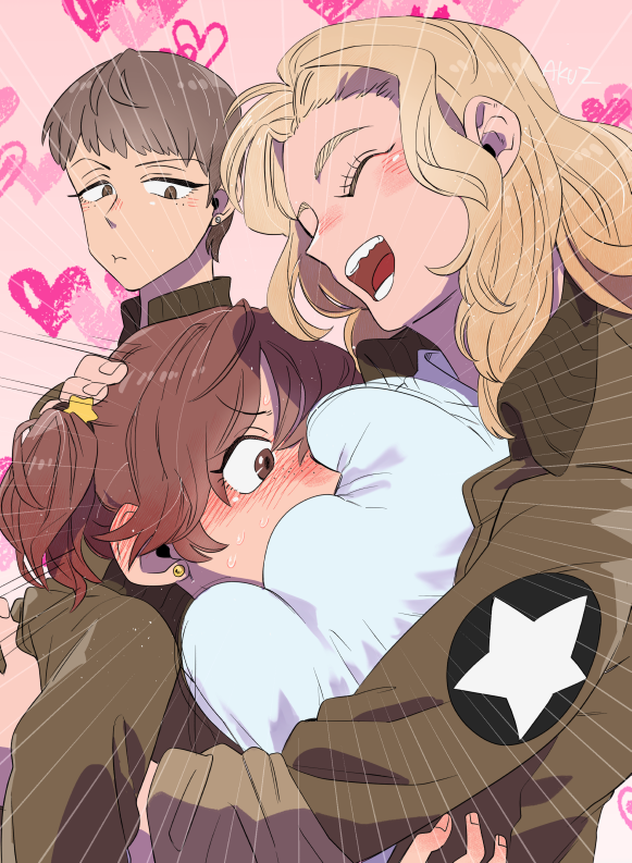 3girls alisa_(girls_und_panzer) aq_sipd blonde_hair breast_smother brown_hair earrings face_to_breasts girls_und_panzer girls_und_panzer_saishuushou heart heart_background hug jacket jewelry kay_(girls_und_panzer) long_hair multiple_girls naomi_(girls_und_panzer) open_mouth short_hair short_twintails smile twintails