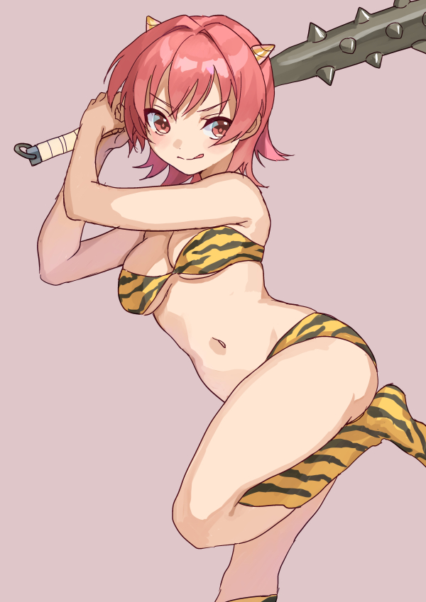 1girl :p animal_print arms_up bikini breasts club_(weapon) cosplay holding holding_weapon horns kantai_collection kinu_(kancolle) kneehighs lum lum_(cosplay) medium_breasts mitsuyo_(mituyo324) pink_background red_eyes redhead short_hair simple_background solo spiked_club strapless strapless_bikini swimsuit tiger_print tongue tongue_out urusei_yatsura weapon