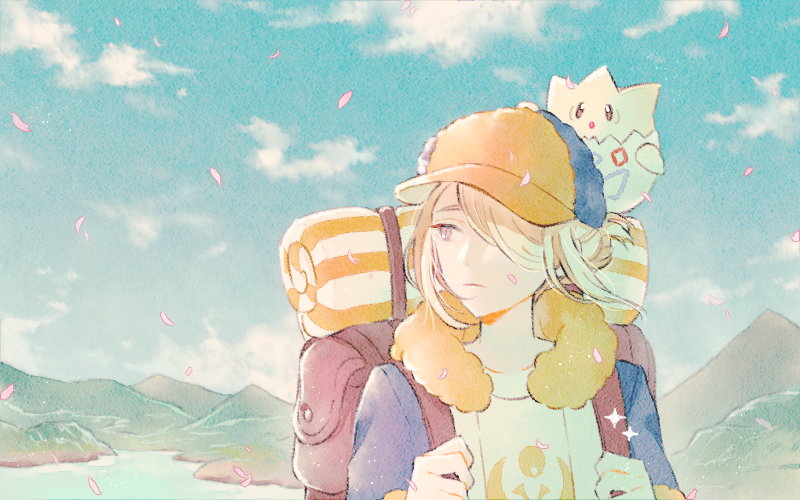 1boy backpack bag bangs blonde_hair blue_jumpsuit brown_bag cherry_blossoms closed_mouth clouds commentary_request day falling_petals grey_eyes hair_over_one_eye hat hill holding_strap jumpsuit lake male_focus outdoors petals pokemon pokemon_(creature) pokemon_(game) pokemon_legends:_arceus ryokuno_green short_hair sky togepi volo_(pokemon) water