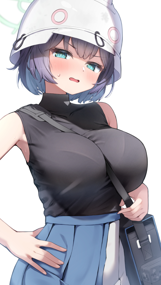 1girl bag between_breasts black_hair black_shirt blue_archive blue_eyes blush breasts eyebrows_visible_through_hair hand_on_hip hat large_breasts open_mouth saki_(blue_archive) shirt sleeveless sleeveless_shirt solo strap_between_breasts ushimittsu white_background white_headwear