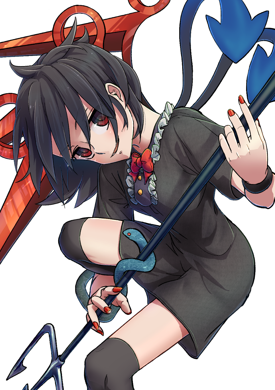 1girl asymmetrical_wings bangs black_dress black_hair black_legwear blue_wings blush bow bowtie breasts buttons center_frills commentary_request dress eyebrows_visible_through_hair eyes_visible_through_hair foot_out_of_frame frilled_dress frills head_tilt highres holding holding_polearm holding_weapon houjuu_nue kusiyan looking_at_viewer open_mouth polearm red_bow red_bowtie red_eyes red_nails red_wings short_dress short_hair short_sleeves simple_background small_breasts smile snake solo thigh-highs touhou trident weapon white_background wings wristband