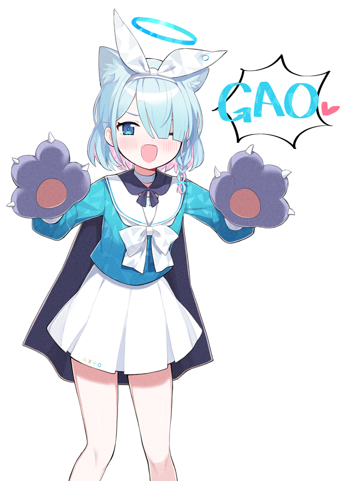 1girl ;d animal_ear_fluff animal_ears animal_hands arona_(blue_archive) bangs billbung black_cape blue_archive blue_eyes blue_shirt blush braid cape cat_ears choker colored_inner_hair commentary fang gao gloves hair_over_one_eye hairband halo heart kemonomimi_mode light_blue_hair long_sleeves looking_at_viewer multicolored_hair one_eye_closed open_mouth paw_gloves pink_hair puffy_long_sleeves puffy_sleeves sailor_collar shirt short_hair side_braid simple_background skirt smile solo two-tone_hair white_background white_choker white_hairband white_sailor_collar white_skirt