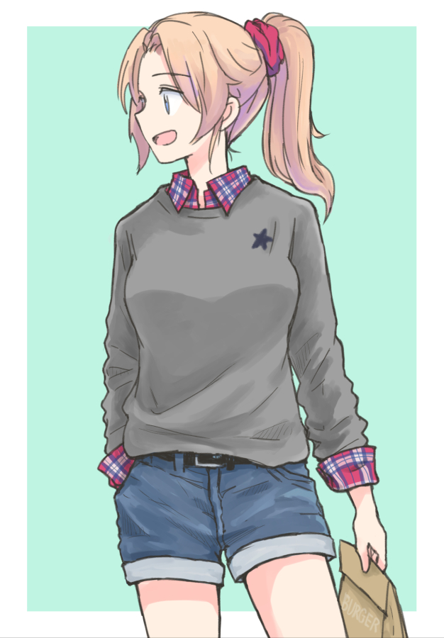 1girl bag bare_legs blonde_hair contrapposto eyebrows_visible_through_hair girls_und_panzer hair_ornament hair_scrunchie hand_in_pocket holding kay_(girls_und_panzer) looking_to_the_side mutsu_(layergreen) open_mouth paper_bag plaid plaid_shirt ponytail scrunchie shirt shorts simple_background sweater