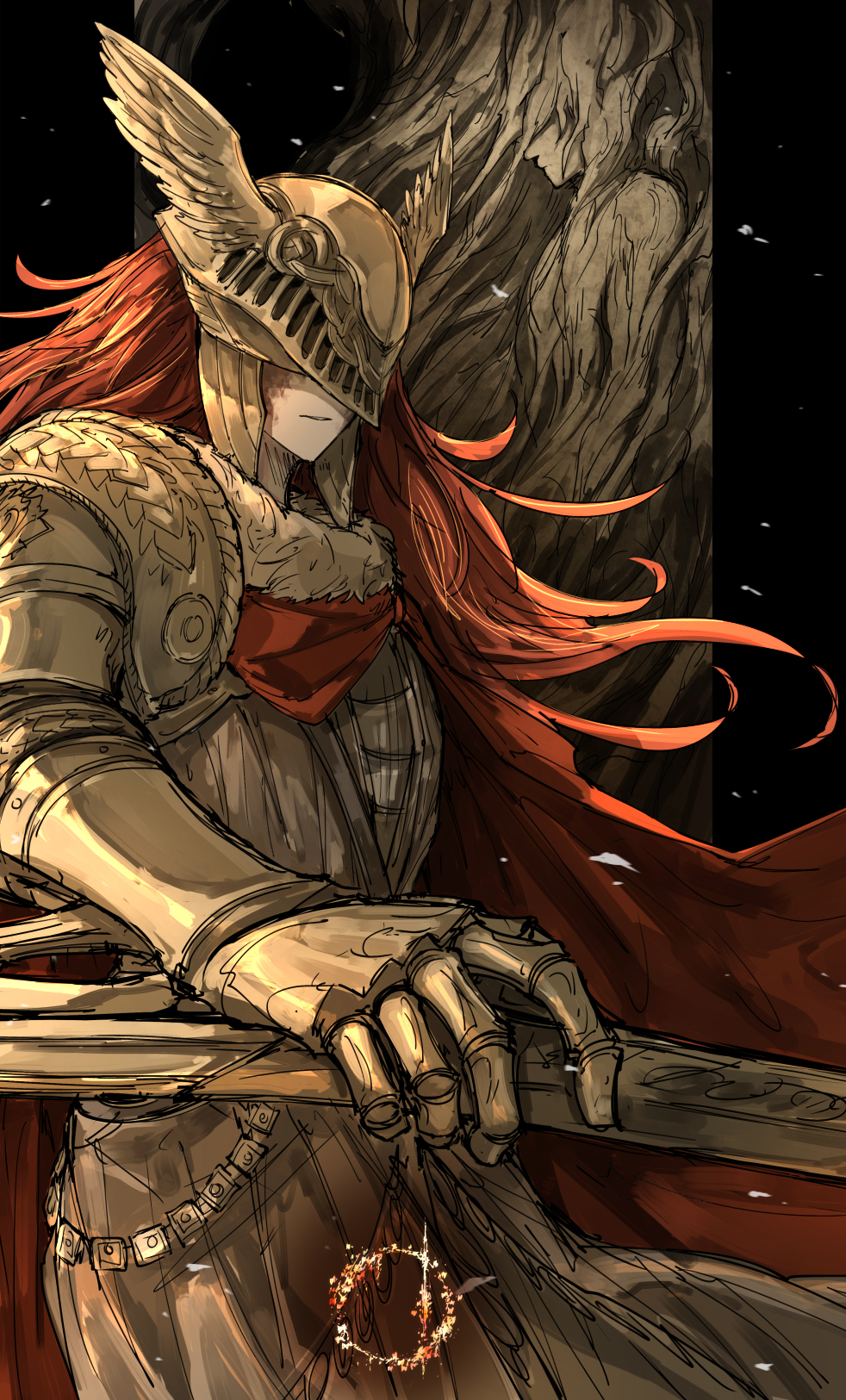 1girl brown_dress burn_mark burn_scar cape closed_mouth cowboy_shot dress elden_ring great_rune_(elden_ring) helmet highres holding holding_sword holding_weapon kan_(aaaaari35) long_hair malenia_blade_of_miquella miquella_(elden_ring) prosthesis prosthetic_arm red_cape redhead scar solo standing sword weapon winged_helmet