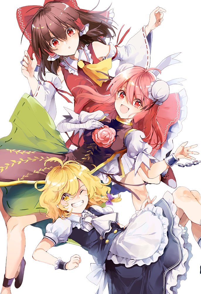 3girls :d :o ascot azuma_aya black_skirt black_vest bow braid breasts brown_hair chain commentary_request cuffs detached_sleeves double_bun frilled_bow frills gold_trim grin hair_bow hakurei_reimu ibaraki_kasen kirisame_marisa large_breasts long_hair long_sleeves looking_at_viewer multiple_girls no_hat no_headwear nontraditional_miko one_eye_closed open_mouth pink_eyes pink_hair print_tabard puffy_short_sleeves puffy_sleeves red_eyes red_skirt red_vest shackles shirt short_hair short_sleeves single_braid skirt smile tabard touhou vest vine_print white_ascot white_background white_shirt wrist_cuffs yellow_ascot