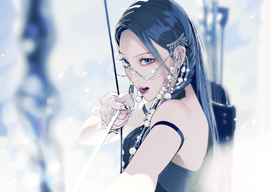 arm_strap arrow_(projectile) black_dress black_hair blue_eyes blurry blurry_foreground bow_(weapon) bracelet dress eyeshadow fingernails from_side girls'_generation glasses hair_behind_ear holding holding_bow_(weapon) holding_weapon jewelry k-pop long_fingernails makeup open_mouth pink_eyeshadow quiver real_life soorin taeyeon_(girls'_generation) weapon white_nails
