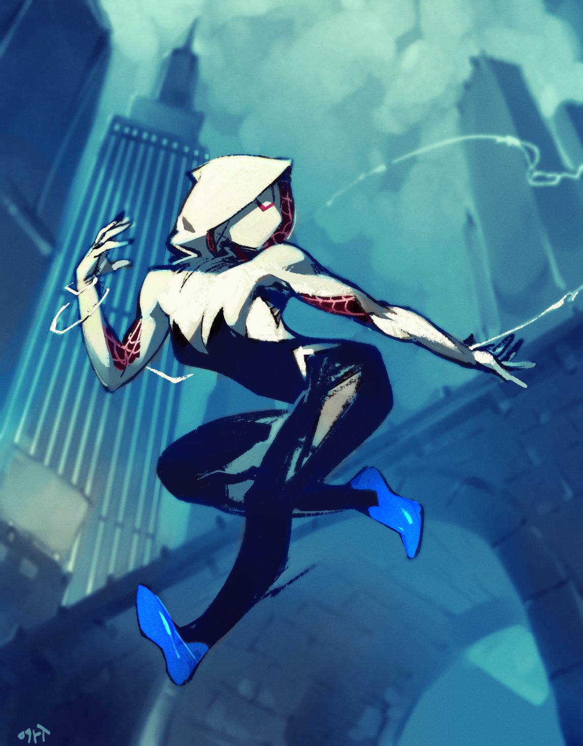 1girl blue_footwear bodysuit breasts building clouds cloudy_sky english_commentary gwen_stacy highres hood hooded_bodysuit looking_to_the_side marvel mask medium_breasts night open_mouth optionaltypo silk skin_tight sky solo spider-gwen spider-man:_into_the_spider-verse spider-man_(series) spider_web spider_web_print superhero thighs