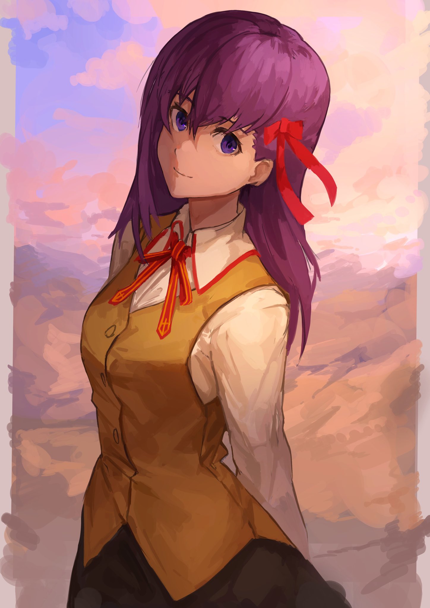 1girl arms_behind_back cowboy_shot fate/stay_night fate_(series) hair_ribbon highres homurahara_academy_uniform long_hair looking_at_viewer matou_sakura nasubin_(user_tjyp5584) purple_hair red_neckwear red_ribbon ribbon shirt sky smile solo violet_eyes white_shirt