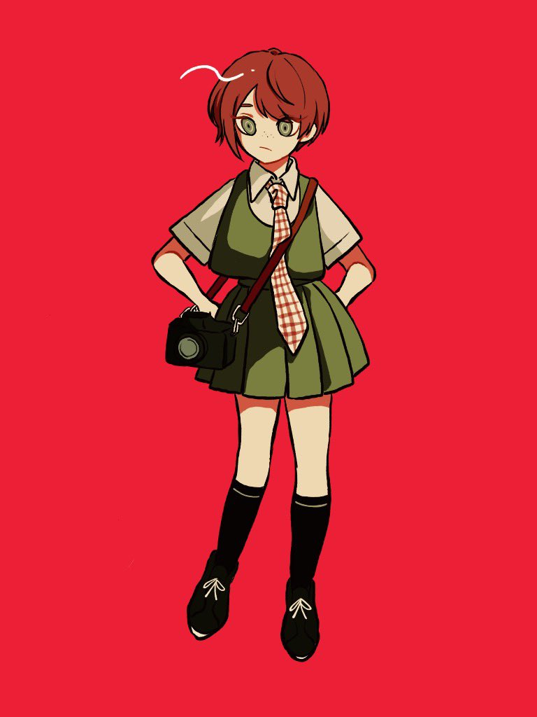 1girl bangs camera danganronpa_(series) danganronpa_2:_goodbye_despair freckles full_body green_skirt green_vest kiri_(2htkz) kneehighs koizumi_mahiru necktie plaid_necktie pleated_skirt red_background redhead shirt short_hair short_sleeves simple_background skirt smile solo vest