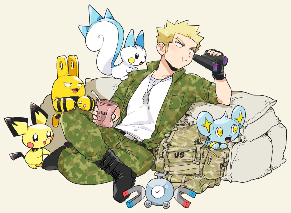 1boy :t backpack backpack_removed bag belt belt_buckle binoculars black_belt black_footwear black_gloves blonde_hair boots buckle closed_mouth commentary_request crossed_legs dog_tags elekid fingerless_gloves gloves green_jacket green_pants holding holding_binoculars jacket magnemite male_focus open_clothes open_jacket pachirisu pants pichu pokemon pokemon_(creature) pokemon_(game) pokemon_rgby sandbag shinx shirt shitappa short_hair spiky_hair surge_(pokemon) white_shirt