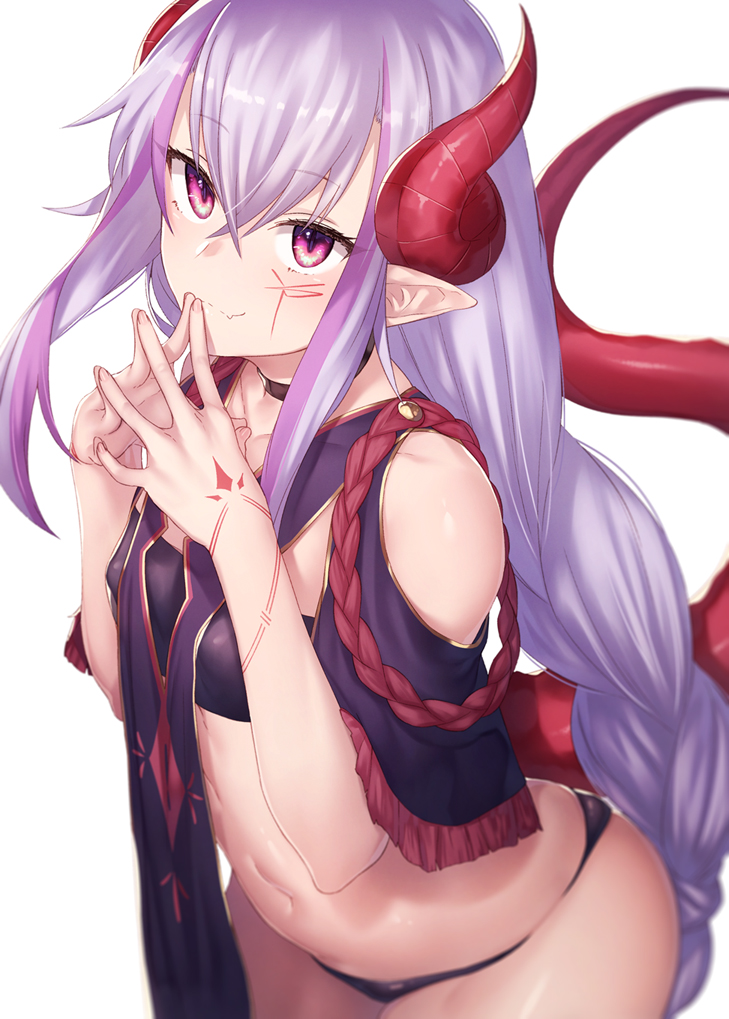 1girl bandeau bangs bare_shoulders black_choker black_panties choker clothing_cutout commentary_request covered_nipples cowboy_shot dragon_girl dragon_horns dragon_tail duplicate eyebrows_visible_through_hair facial_mark hair_between_eyes hands_up horns ibuki_notsu light_purple_hair long_braid long_hair looking_up melusine_(ibuki_notsu) midriff navel original own_hands_together panties pixel-perfect_duplicate pointy_ears shoulder_cutout sidelocks simple_background smile solo steepled_fingers stomach strapless tail tube_top underwear very_long_hair violet_eyes white_background