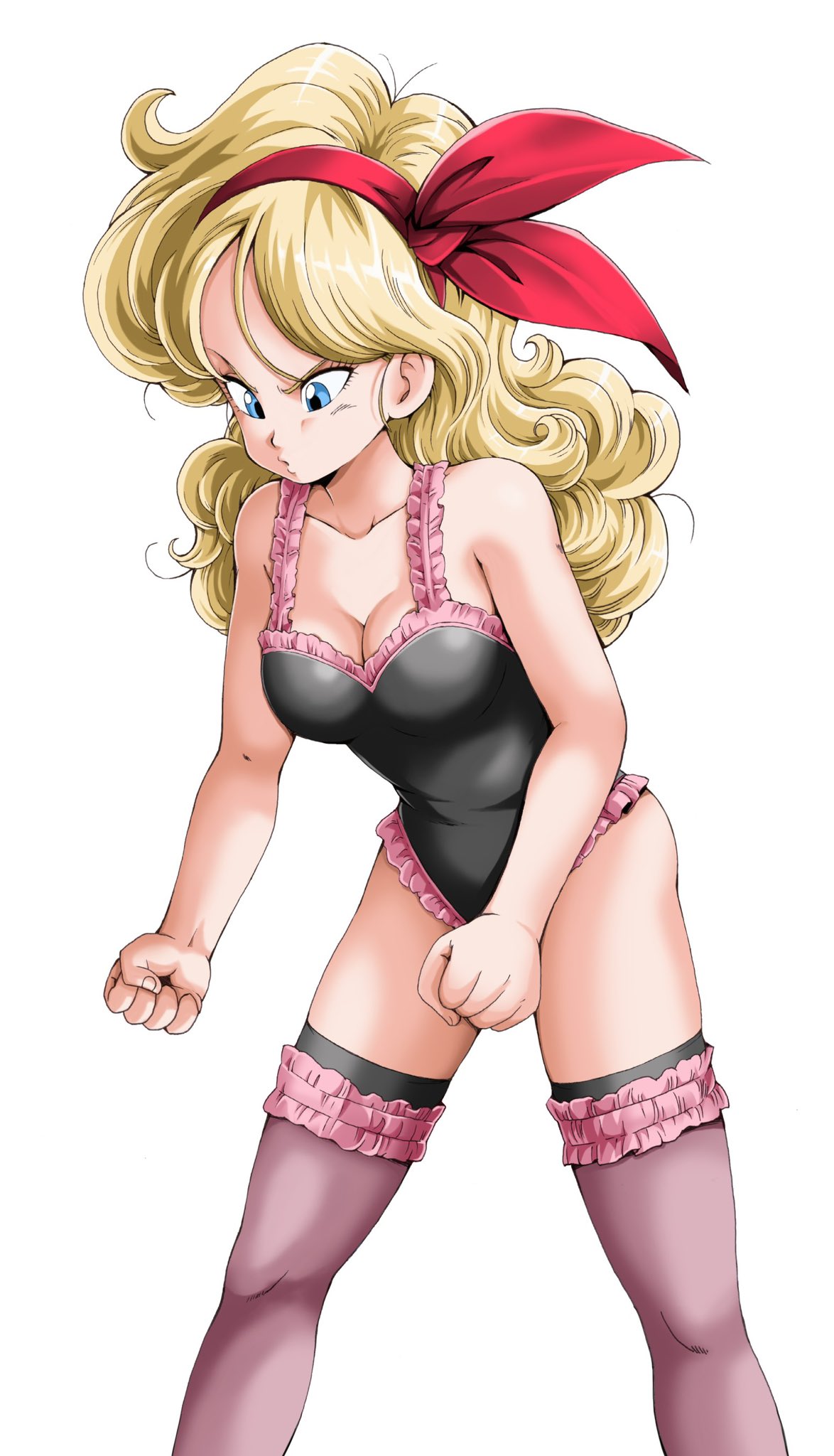 1girl blonde_hair blue_eyes clenched_hands curly_hair dragon_ball dragon_ball_(classic) feet_out_of_frame frills hair_ribbon hairband highres leotard lingerie long_hair lunch_(dragon_ball) red_hairband red_ribbon ribbon simple_background solo thigh-highs underwear white_background youngjijii