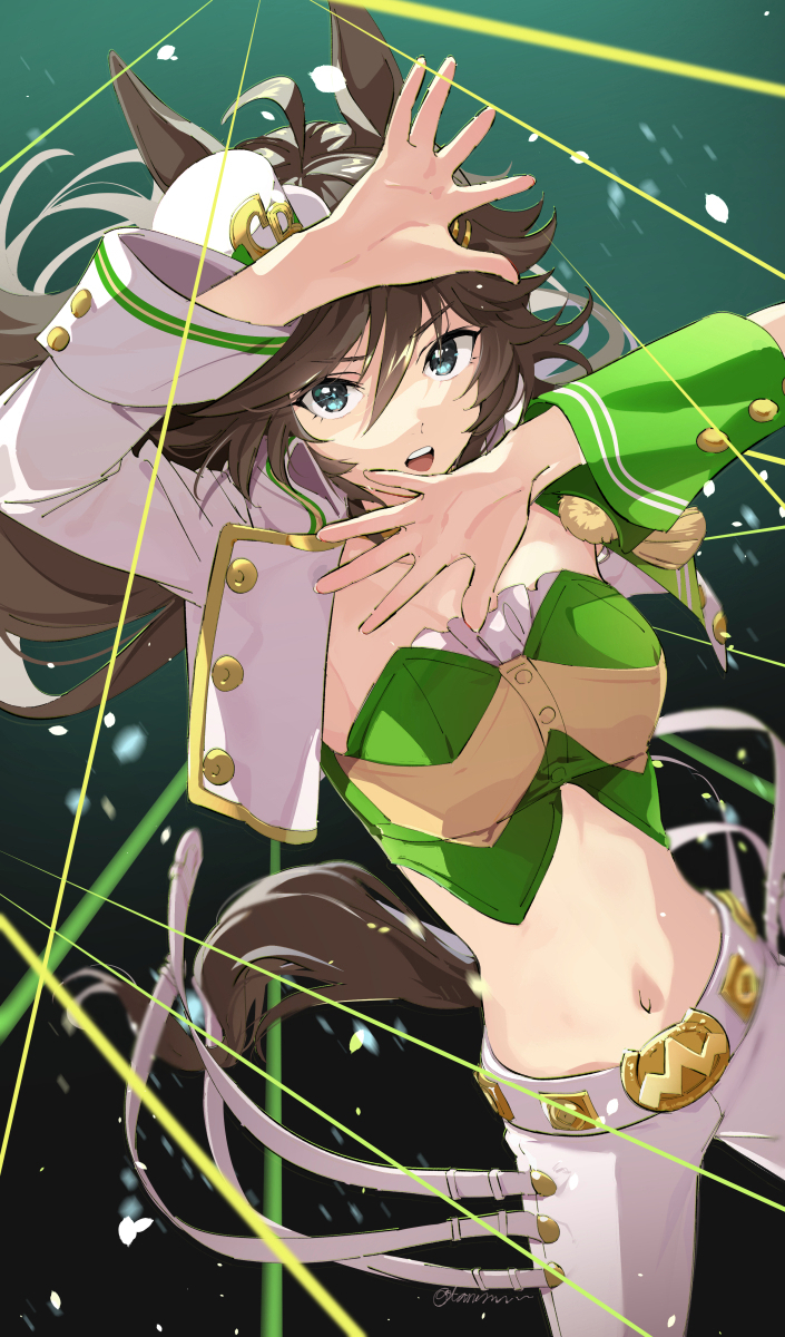 1girl ahoge animal_ears arms_up bandeau bangs belt breasts brown_hair commentary_request cropped_jacket green_shirt hair_between_eyes hands_up hat highres horse_ears horse_girl horse_tail jacket long_hair long_sleeves looking_at_viewer medium_breasts midriff mini_hat mini_top_hat misu_kasumi mr._c.b._(umamusume) navel open_mouth pants shirt single_sleeve solo stomach strapless strapless_shirt tail teeth top_hat twitter_username umamusume upper_teeth white_headwear white_jacket white_pants wristband
