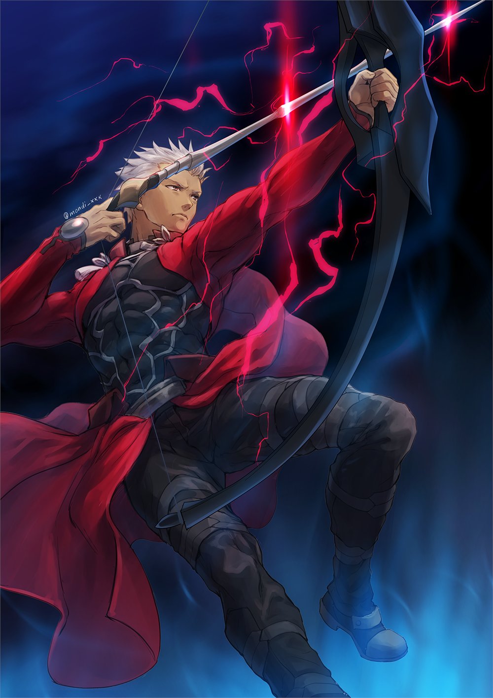 1boy archer_(fate) armor arrow_(projectile) artoria_pendragon_(fate) black_pants bow_(weapon) commentary dark-skinned_male dark_skin drawing_bow expressionless fate/grand_order fate/hollow_ataraxia fate/stay_night fate_(series) feet_out_of_frame grey_eyes highres holding holding_bow_(weapon) holding_weapon light long_sleeves looking_away male_focus mondi_hl pants saber serious short_hair solo thigh-highs twitter_username weapon white_hair