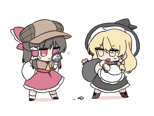 2girls apron ascot bangs black_footwear black_hair black_headwear black_skirt blonde_hair boots bow braid brown_headwear chibi commentary full_body hair_bow hakurei_reimu hat heart holding holding_magnifying_glass kirisame_marisa long_hair long_sleeves magnifying_glass multiple_girls open_mouth purple_bow red_bow red_eyes red_shirt rinco_s2 sack shirt shoes single_braid skirt sparkle symbol-only_commentary touhou white_background white_shirt white_skirt wide_sleeves witch_hat yellow_ascot yellow_eyes