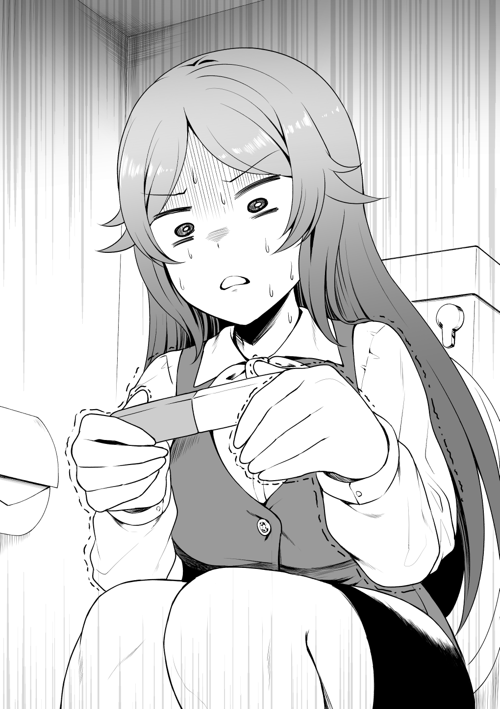 1girl bangs bathroom breasts greyscale highres indoors large_breasts long_hair monochrome parted_bangs pregnancy_test princess_connect! scared shade shaded_face shirt skirt solo surprised sweat toilet trembling yue_(show-ei) yukari_(princess_connect!) yukari_(real)_(princess_connect!)