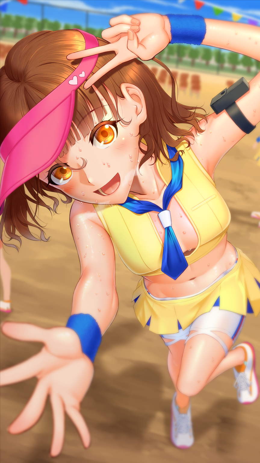 1girl background_character blurry blurry_background brown_hair chair cheerleader close-up navel necktie original outdoors peace_sign peace_symbol short_shorts sports_festival stomach sun_hat sunlight sweat sweating sweating_profusely yellow_eyes