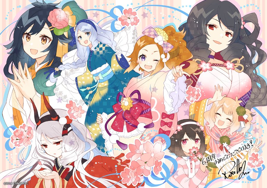 6+girls ;d bangs black_hair blue_eyes blue_hair blue_kimono braid breasts brown_eyes brown_hair character_request cherry_blossoms copyright drill_hair eyebrows_visible_through_hair flower genwa_edo_(oshiro_project) hair_flower hair_ornament hairband hairclip horns japanese_clothes kimono komakiyama_(oshiro_project) komakiyama_[ura]_(oshiro_project) kurihashi_(oshiro_project) large_breasts moka_(oshiro_project) multiple_girls obi official_art one_eye_closed oshiro_project oshiro_project_re parted_bangs pink_kimono red_eyes ririkuto sash second-party_source short_hair side_ponytail signature silver_hair smile twin_drills violet_eyes white_hairband