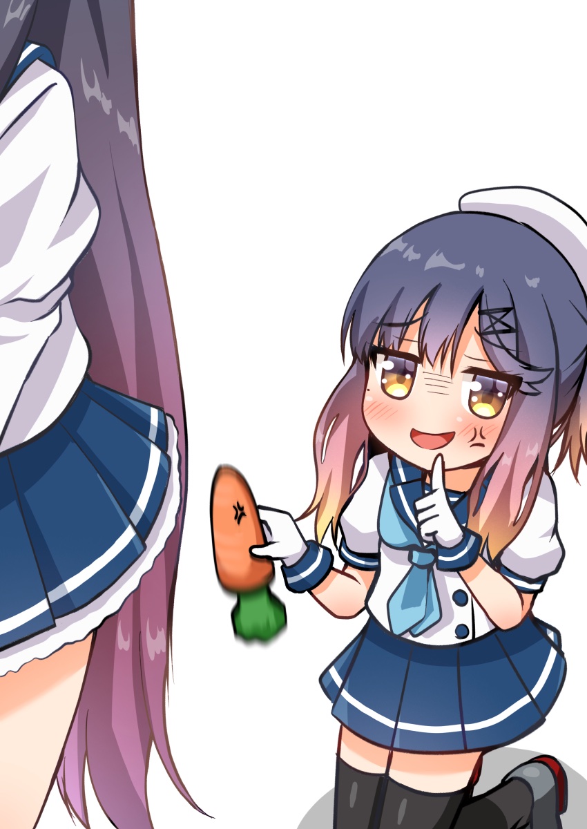 2girls anger_vein black_legwear blue_sailor_collar blue_skirt blush carrot comiching eyebrows_visible_through_hair food gloves gradient_hair hair_between_eyes hat highres holding holding_food holding_vegetable juliet_sleeves kantai_collection long_hair long_sleeves matsuwa_(kancolle) multicolored_hair multiple_girls open_mouth pleated_skirt puffy_short_sleeves puffy_sleeves purple_hair rudder_footwear sailor_collar sailor_hat school_uniform serafuku short_sleeves simple_background skirt smile thigh-highs tsushima_(kancolle) vegetable white_background white_gloves white_headwear yellow_eyes