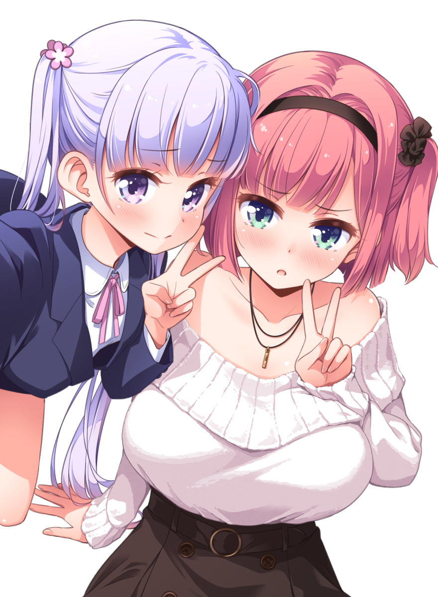 2girls bare_shoulders blush breasts closed_mouth collarbone eyebrows_visible_through_hair green_eyes hairband highres jewelry large_breasts long_hair long_sleeves looking_at_viewer mochizuki_momiji multiple_girls necklace new_game! off-shoulder_sweater off_shoulder official_art parted_lips pink_hair purple_hair short_hair suzukaze_aoba sweater tokunou_shoutarou twintails v violet_eyes white_sweater