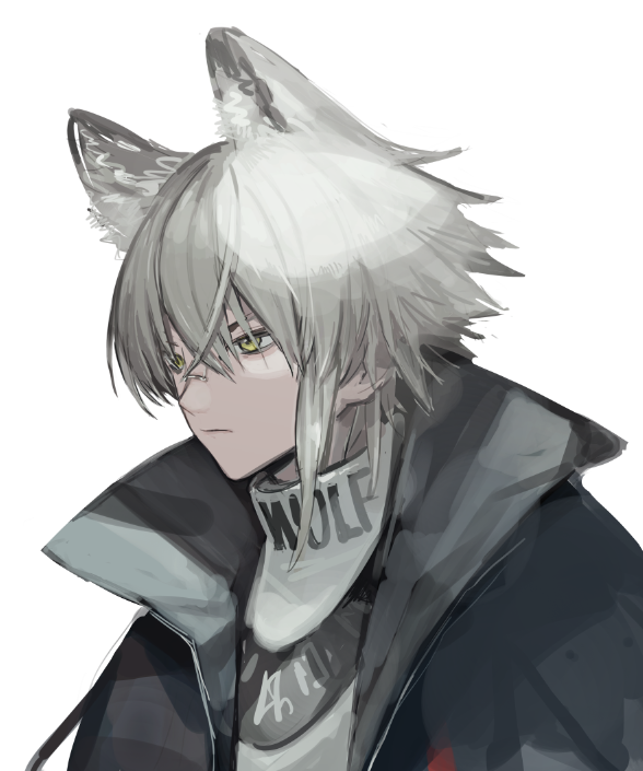 1boy animal_ears aosta_(arknights) arknights bandaid bandaid_on_face bandaid_on_nose bishounen black_jacket collar english_text from_side jacket looking_to_the_side male_focus serious shirt simple_background solo upper_body white_hair white_shirt wolf_boy wolf_ears yellow_eyes yszx