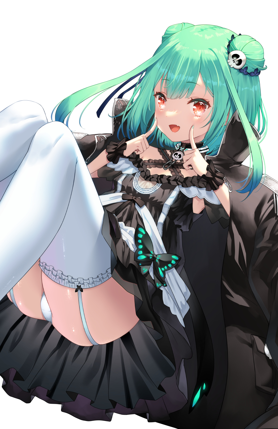 1girl bangs black_bow black_coat black_dress blue_ribbon bow chain coat coat_on_shoulders double_bun dress eyebrows_visible_through_hair fang feet_out_of_frame fingers_to_cheeks frilled_legwear garter_straps green_hair green_nails hair_ornament hair_ribbon highres hololive knees_up looking_at_viewer open_mouth panties red_eyes ribbon short_hair_with_long_locks simple_background skin_fang skull_hair_ornament smile solo thigh-highs thighs underwear uruha_rushia virtual_youtuber white_background white_legwear white_panties wrist_cuffs yasuyuki