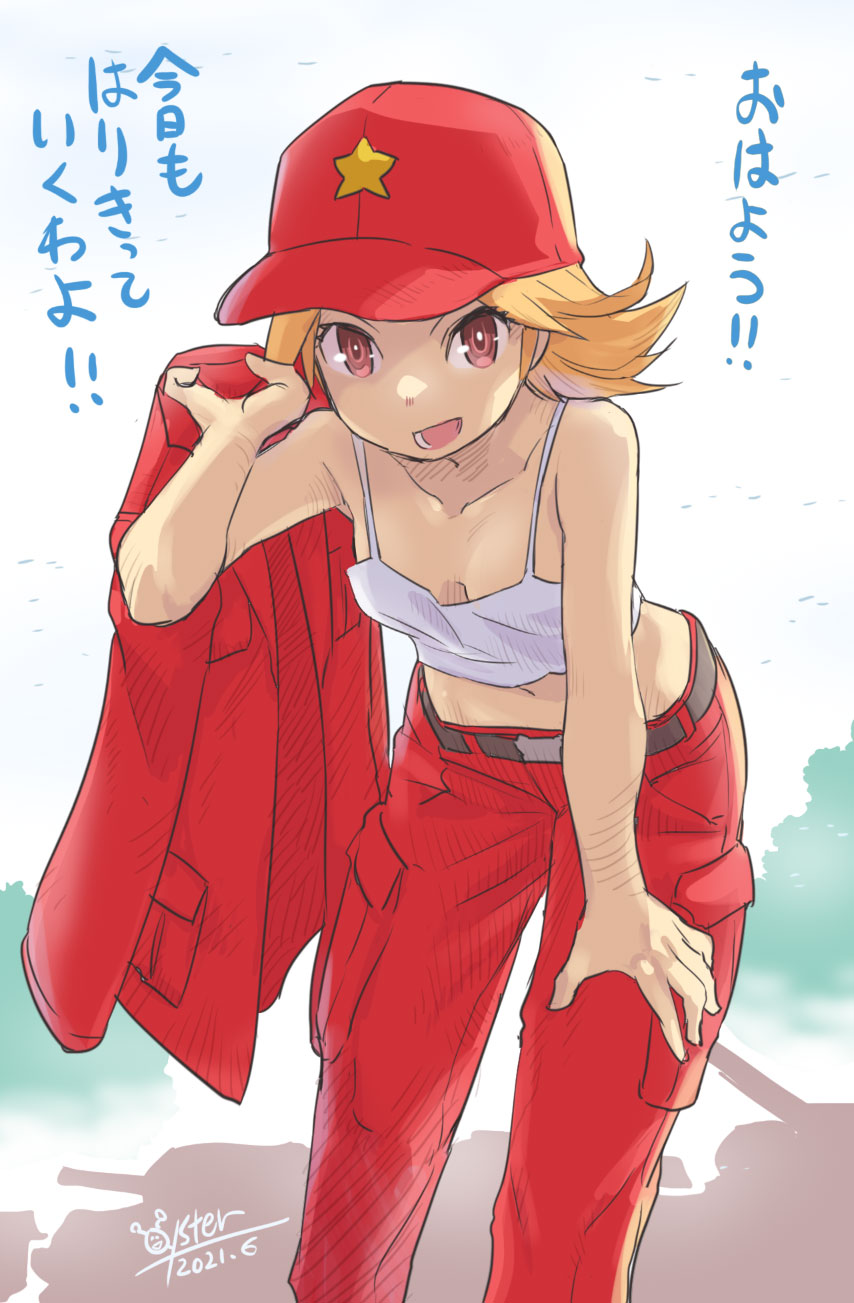 1girl advance_wars advance_wars:_dual_strike baseball_cap bent_over blonde_hair dated hat highres jacket jacket_removed looking_at_viewer midriff navel open_mouth oyster_(artist) pants rachel_(advance_wars) red_eyes red_pants short_hair signature simple_background smile solo spaghetti_strap tank_top white_background