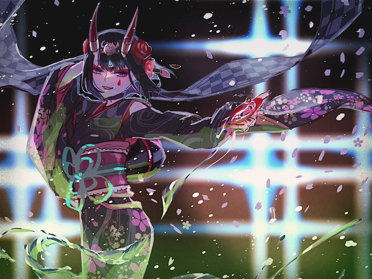 1girl alcohol backlighting blurry cherry_blossom_print cherry_blossoms cowboy_shot cup depth_of_field eyeliner fate/grand_order fate_(series) floral_print flower hair_flower hair_ornament headpiece horn_ornament horn_ring horns isagiyo japanese_clothes kimono looking_at_viewer makeup obi oni oni_horns parted_lips petals print_kimono sakazuki sake sash short_hair shuten_douji_(fate) shuten_douji_(lostroom_outfit)_(fate) skin-covered_horns smile solo spilling teardrop_facial_mark violet_eyes