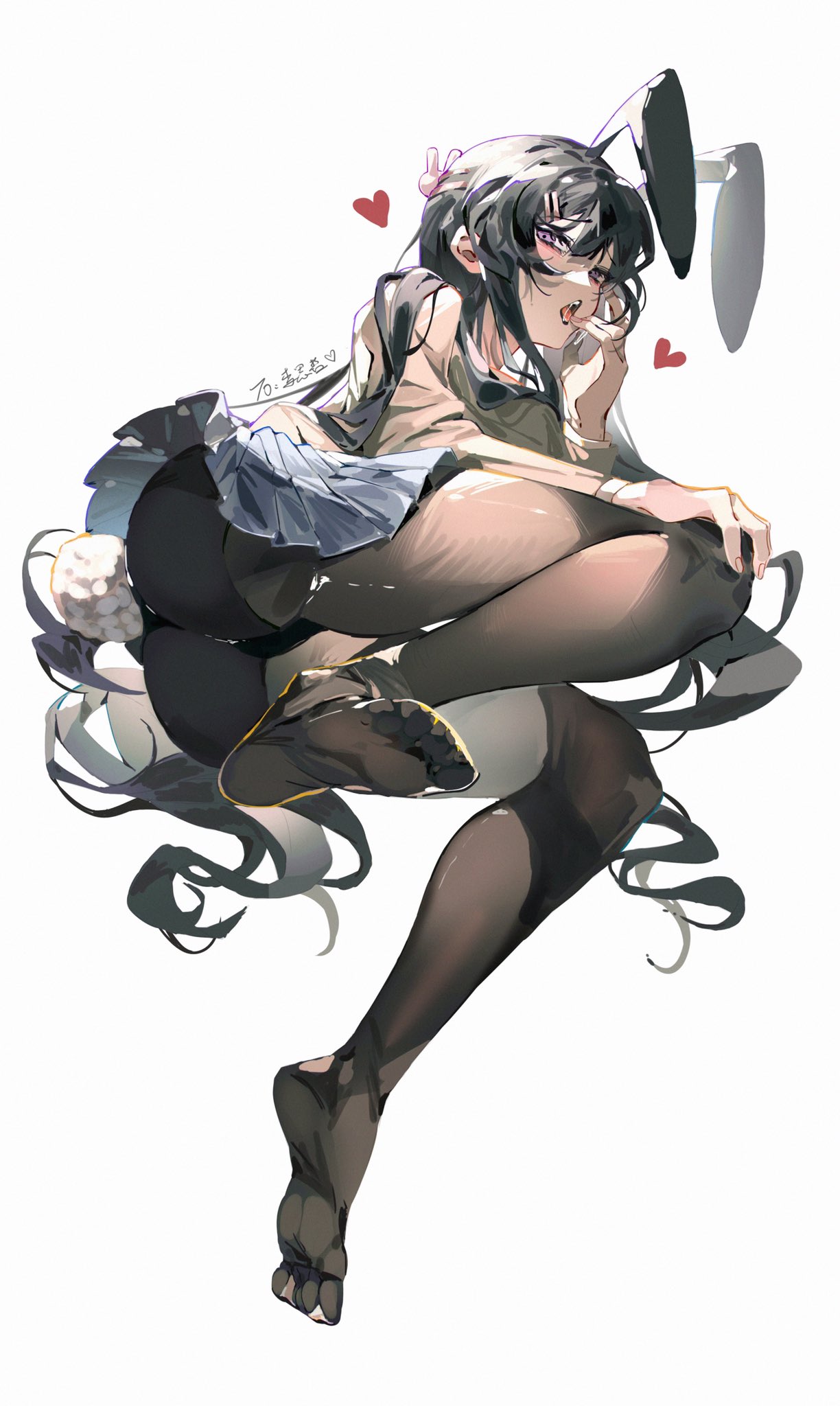1girl animal_ears ass ass_focus black_hair black_lips blue_skirt blush brown_legwear bunny_hair_ornament eyebrows_visible_through_hair fake_animal_ears fake_tail feet fingernails from_below grey_background hair_between_eyes hair_ornament hand_on_own_knee heart highres long_hair looking_at_viewer no_shoes open_mouth original pantyhose rabbit_ears rabbit_tail saliva saliva_trail simple_background skirt solo tail teeth tongue transparent violet_eyes z3zz4