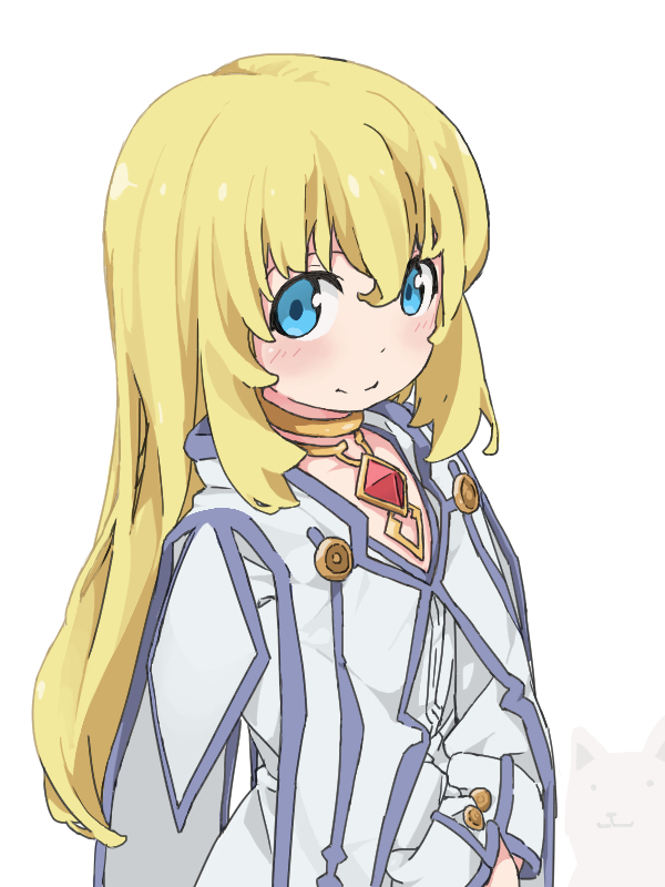 1girl bangs blonde_hair blue_eyes blush capelet colette_brunel commentary gem jewelry long_hair looking_at_viewer robe solo tales_of_(series) tales_of_symphonia ueki_yuma