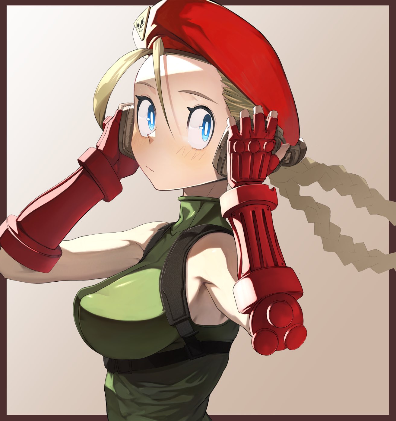 1girl behind-the-head_headphones beret blonde_hair blue_eyes blush braid breasts cammy_white chest_harness closed_mouth commentary_request curious fingerless_gloves gloves go_d_e green_leotard hands_on_headphones harness hat headphones highres leotard long_hair looking_at_viewer solo street_fighter street_fighter_v twin_braids