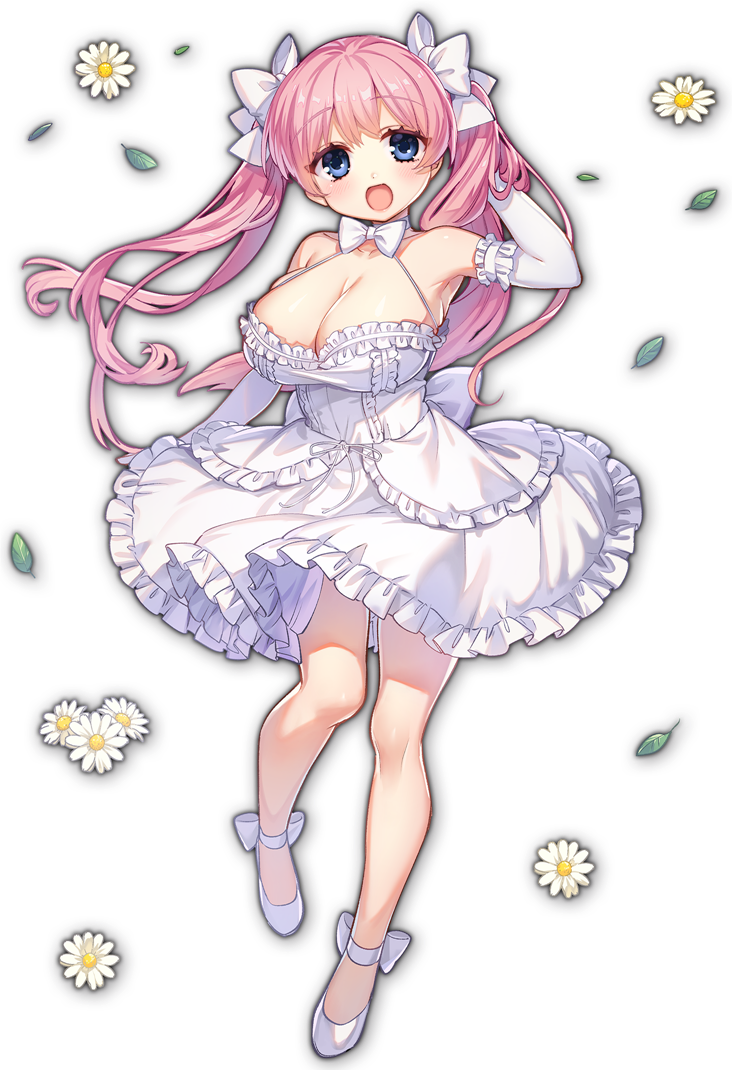 1girl artist_request bow bowtie breasts daisy dress elbow_gloves eyebrows_visible_through_hair flower game_cg gloves haramura_nodoka large_breasts leaf mahjong_soul official_art open_mouth pink_hair saki simple_background solo third-party_source transparent_background twintails white_bow white_dress white_flower white_gloves yostar