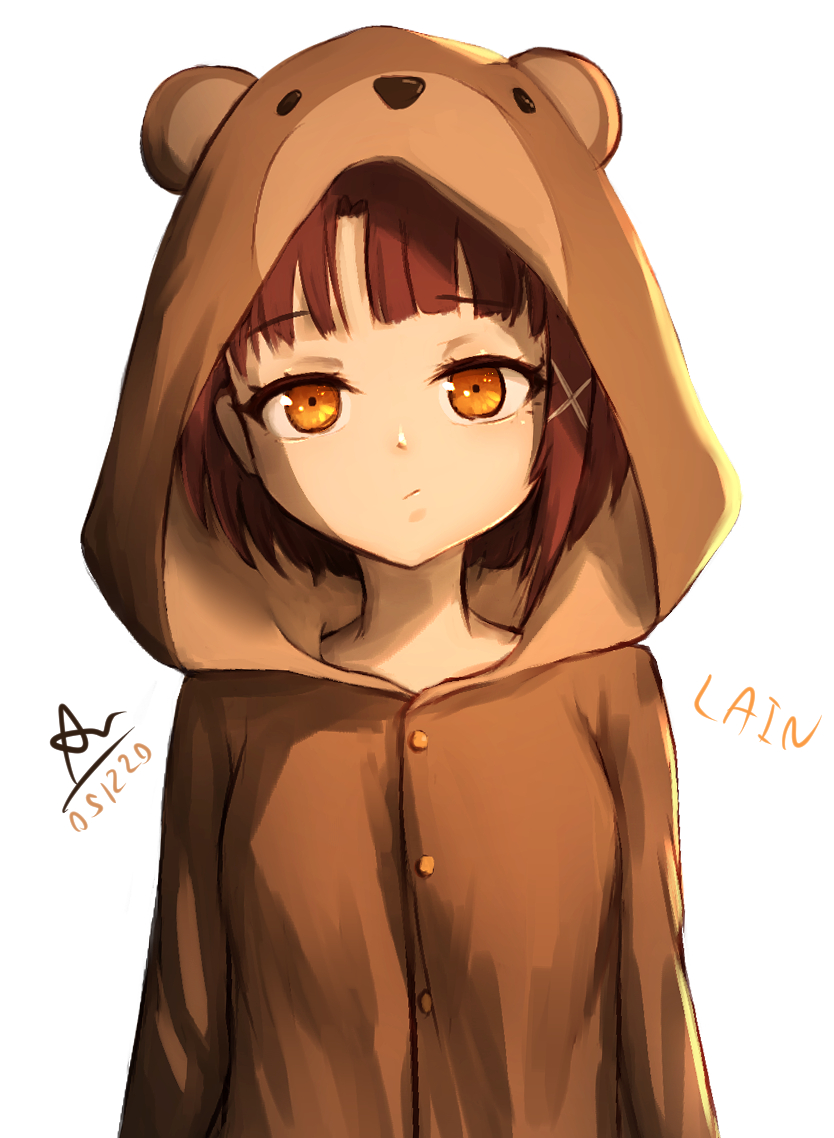 1girl animal_costume asymmetrical_hair azsesaliaz_(chayanthorn) bear_costume brown_eyes brown_hair closed_mouth hair_ornament hairclip iwakura_lain looking_at_viewer serial_experiments_lain short_hair simple_background solo white_background x_hair_ornament