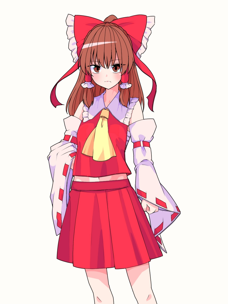 1girl ascot blush bow brown_hair detached_sleeves feet_out_of_frame fufuyomumusu grey_background hair_bow hair_tubes hakurei_reimu highres long_hair looking_at_viewer red_bow red_skirt ribbon-trimmed_sleeves ribbon_trim skirt solo standing touhou wide_sleeves