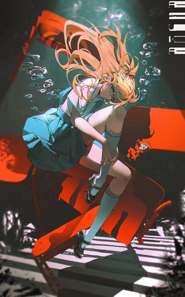 1girl air_bubble black_footwear blue_eyes bubble chair character_name closed_mouth desk doll fingernails immersed long_hair looking_at_viewer neon_genesis_evangelion orange_hair orange_nails plant school_chair school_desk solo souryuu_asuka_langley submerged tagme water white_legwear z3zz4