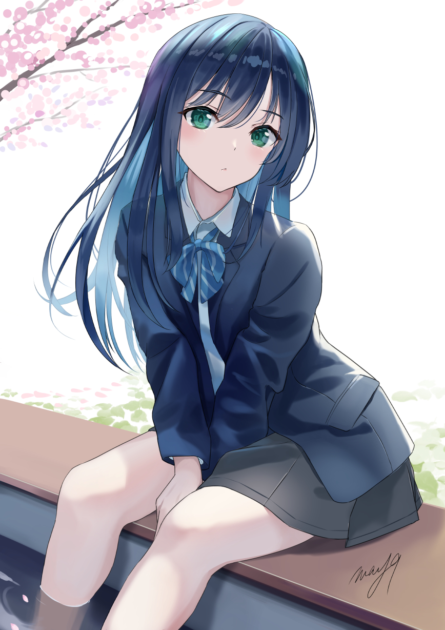 1girl ashiyu bangs blazer blue_hair blush closed_mouth collared_shirt green_eyes hands_on_lap highres jacket long_hair looking_at_viewer m.a.y. original school_uniform shirt signature sitting skirt solo thighs water