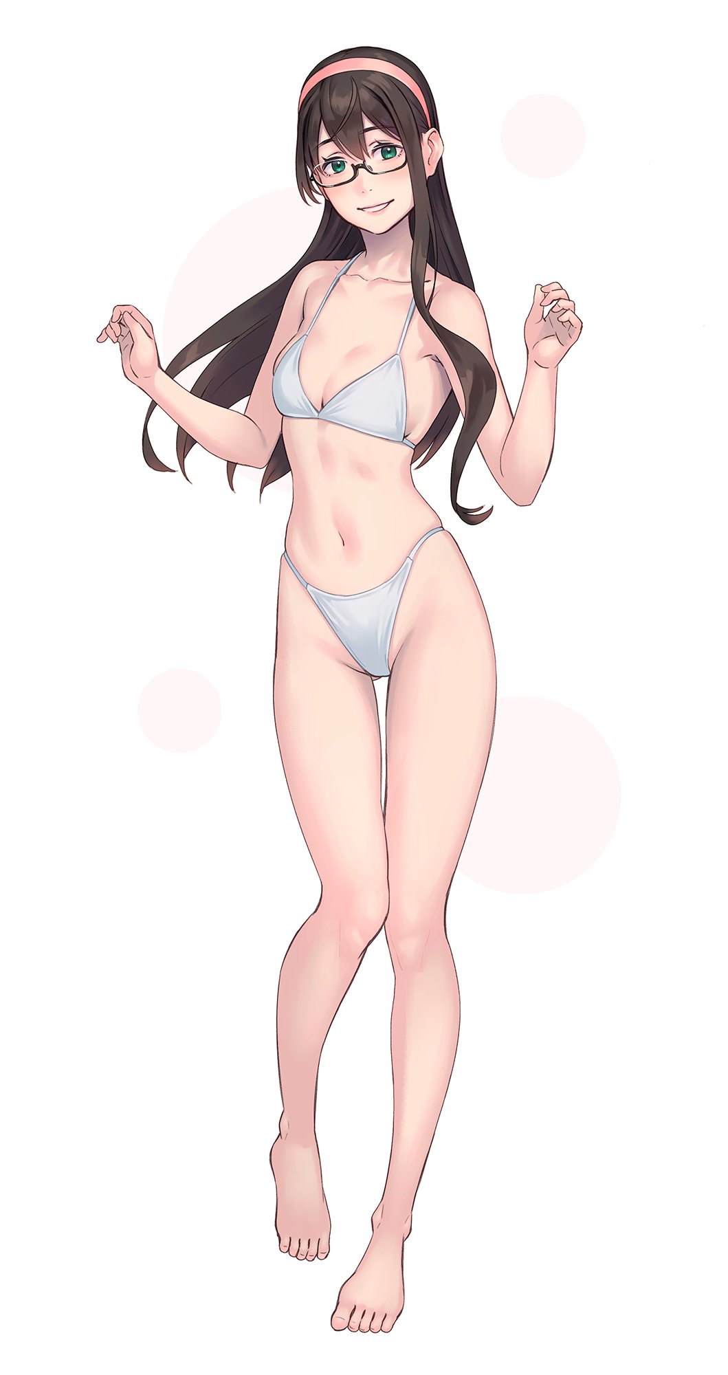 1girl alternate_costume bare_arms bare_legs bare_shoulders bikini blush brown_hair commentary_request full_body glasses green_eyes grin groin hairband hands_up highleg highleg_bikini highres kantai_collection long_hair looking_at_viewer ooyodo_(kancolle) skindentation smile solo string_bikini swimsuit white_background white_bikini yuuji_(and)