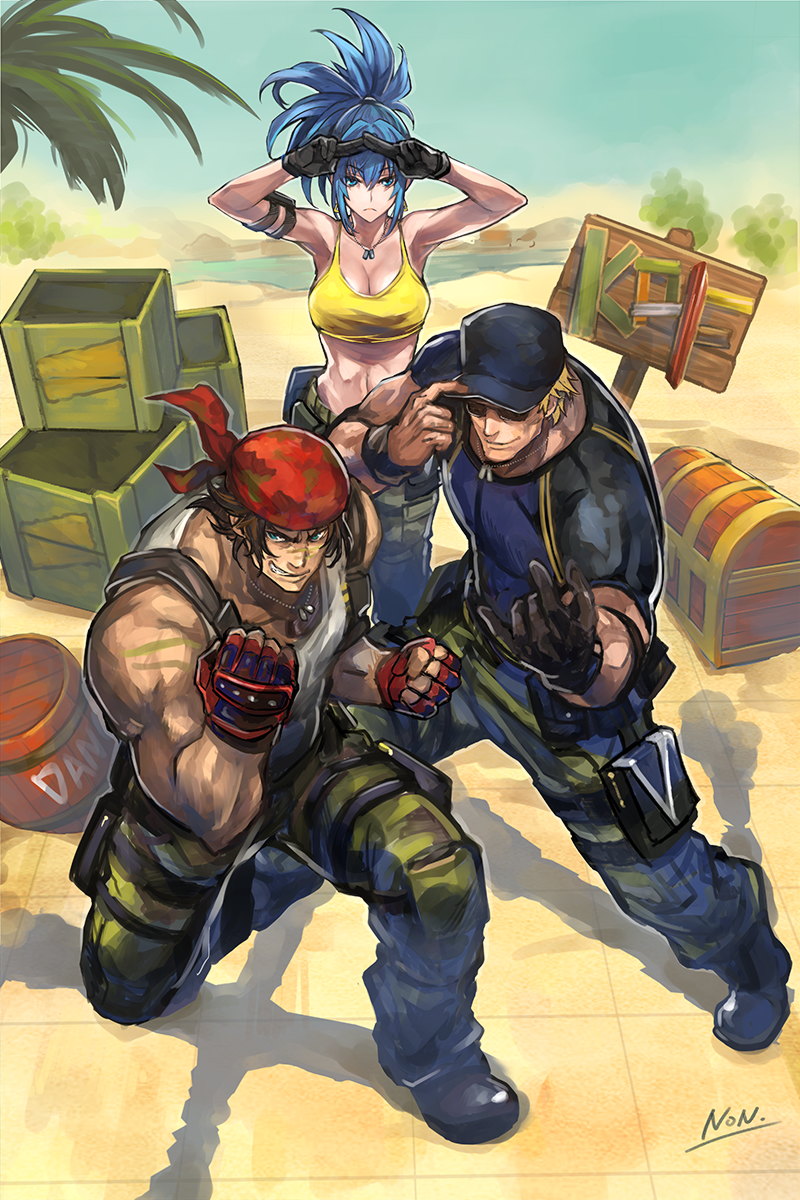 1girl 2boys armlet bandana bare_shoulders baseball_cap black_hair blonde_hair blue_eyes blue_hair breasts camouflage camouflage_pants clark_still desert dog_tags dynamite earrings fingerless_gloves gloves hat highres ikari_warriors jewelry kujou_non leona_heidern military military_uniform multicolored_clothes multicolored_shirt multiple_boys muscular muscular_male palm_tree pants ralf_jones shirt shoes sign signature sleeveless snk stage sunglasses tank_top the_king_of_fighters the_king_of_fighters_xv treasure_chest tree uniform white_shirt wooden_box yellow_tank_top