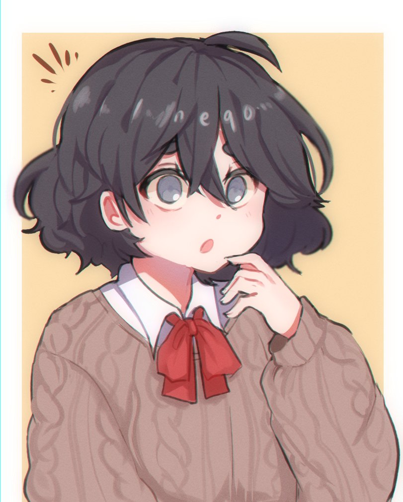 1girl :o aran_sweater artist_name bangs black_hair blind_girl_(popopoka) borrowed_character grey_eyes hair_between_eyes hand_to_own_mouth long_sleeves looking_at_viewer medium_hair neqo_(neneneqo) open_mouth original simple_background solo sweater upper_body wing_collar yellow_background