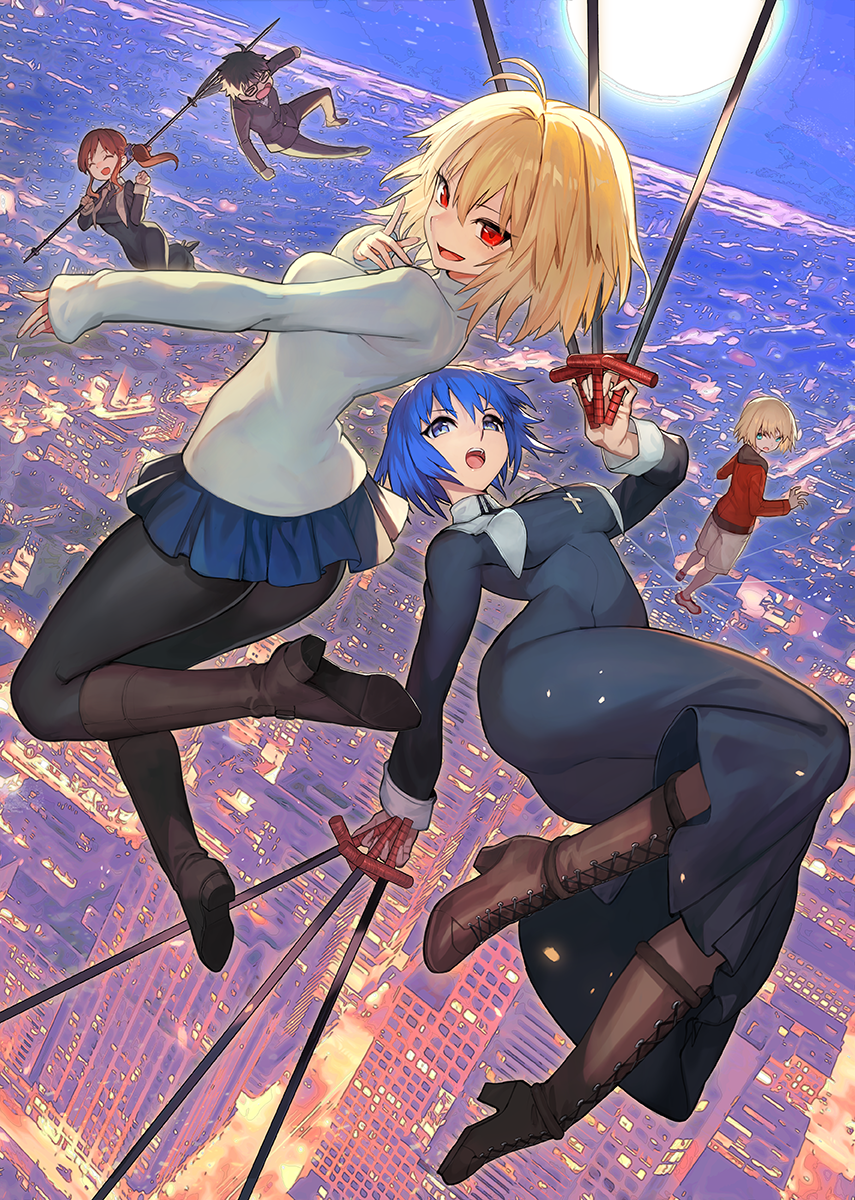 2boys 3girls :d ahoge arcueid_brunestud bangs black_keys_(type-moon) blonde_hair blue_eyes blue_hair boots breasts ciel_(tsukihime) highres lack long_sleeves looking_at_viewer mario_gallo_bestino medium_breasts moon multiple_boys multiple_girls noel_(tsukihime) open_mouth outdoors pantyhose red_eyes short_hair skirt smile sweater tohno_shiki tsukihime tsukihime_(remake) turtleneck weapon