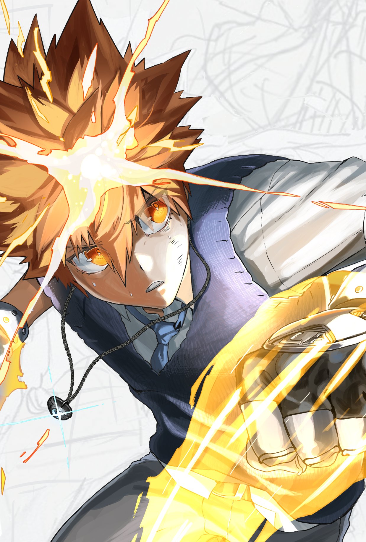 1boy amber_eyes bangs blue_necktie blurry brown_eyes brown_hair cowboy_shot depth_of_field dress_shirt eyebrows_visible_through_hair fighting_stance fingerless_gloves gloves grey_pants hair_between_eyes highres katekyo_hitman_reborn loose_necktie male_focus necktie ossan_zabi_190 pants perspective ring_necklace sawada_tsunayoshi shirt short_hair sketch_background solo spiky_hair sweater_vest unfinished untucked_shirt white_shirt wing_collar yellow_eyes