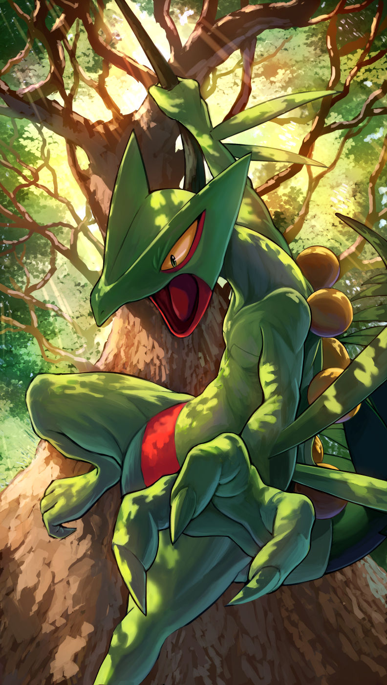 claws commentary day green_eyes hanging highres karamimame light_rays multicolored_eyes no_humans open_mouth plant pokemon pokemon_(creature) sceptile tongue tree vines yellow_eyes