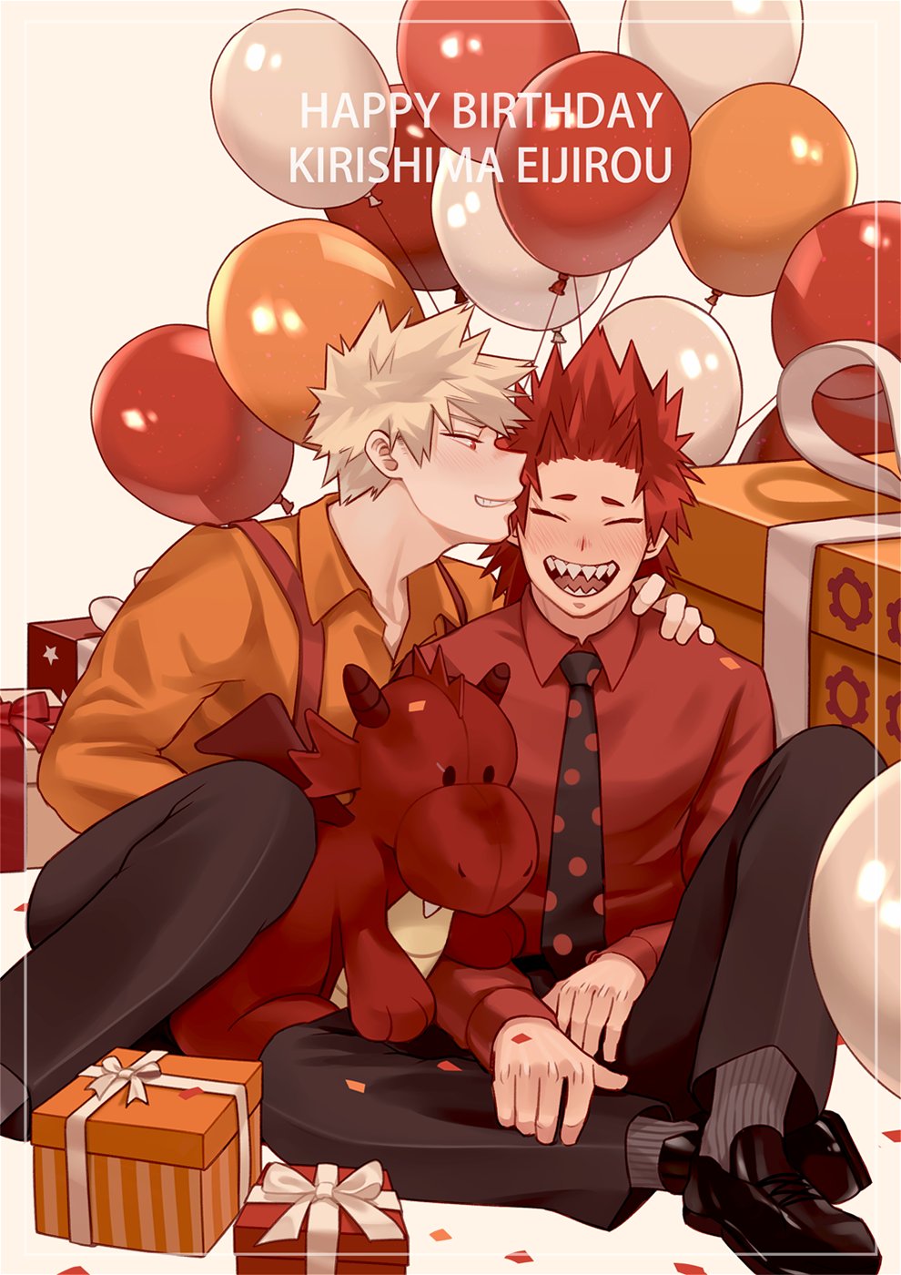 2boys bakugou_katsuki balloon bangs black_pants blonde_hair blush boku_no_hero_academia box character_name closed_eyes collared_shirt confetti donnaoneone gift gift_box happy_birthday highres kirishima_eijirou looking_at_another male_focus multiple_boys necktie orange_shirt pants red_eyes red_shirt redhead sharp_teeth shirt short_hair sitting smile spiky_hair stuffed_animal stuffed_dragon stuffed_toy suspenders teeth