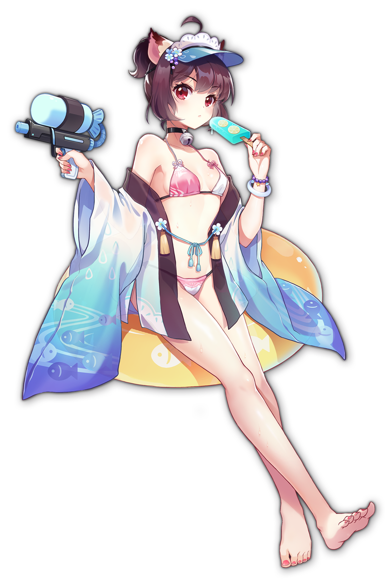 1girl ahoge animal_ears animal_print artist_request bangs barefoot bell bikini bikini_under_clothes bracelet breasts brown_eyes brown_hair cat_ears eyebrows_visible_through_hair feet fish_print food game_cg holding holding_food holding_water_gun ichihime inflatable_toy japanese_clothes jewelry mahjong_soul neck_bell official_art pink_bikini pink_nails popsicle small_breasts swimsuit third-party_source visor water_gun yostar